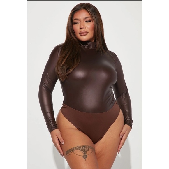 FAUX Leather Choc Brown Mock Neck Bodysuit 2X Fits 1X - Picture 2 of 7